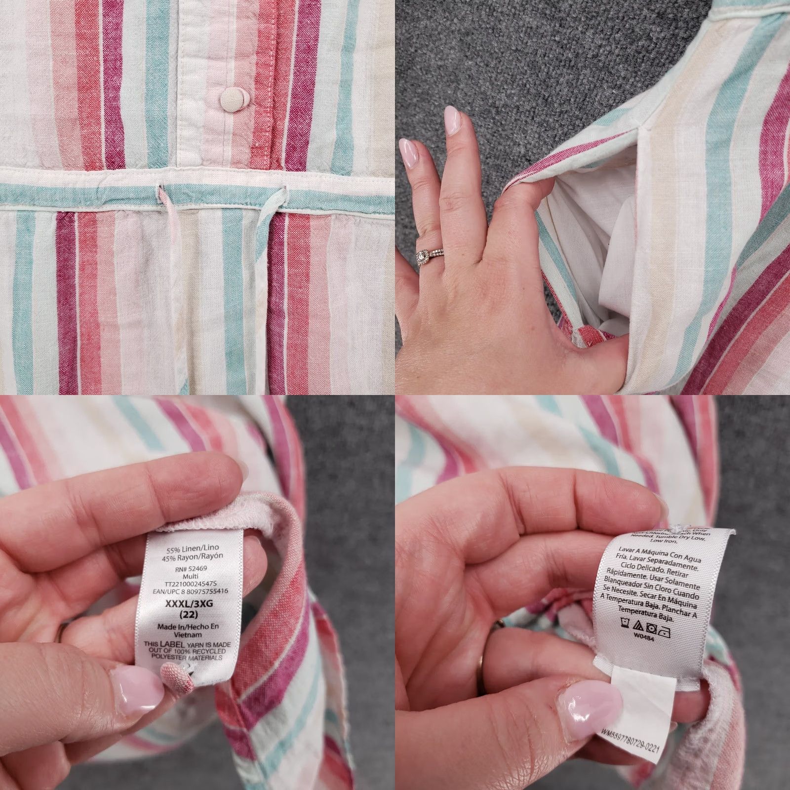 Vintage Time And Tru Dress Womens 3XL White Striped Linen Blend V Neck Pockets Dress Size XXL / US 16-18 / IT 52-54 - 8 Thumbnail