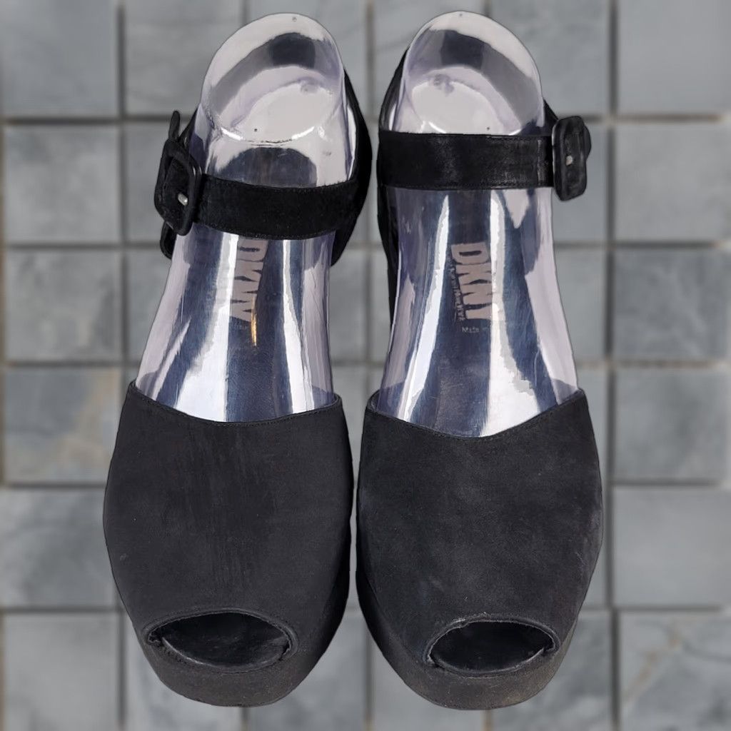 DKNY DKNY Black Suede Platform Women's Size 9.5 Heel, Wedge, Buckle, Peep Toe, Adjustable Strap, High Heel, Platform, Shoe, Women Size US 10 / IT 40 - 1 Thumbnail