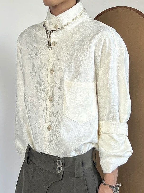 image of Vintage Retro Fashion Paisley Jacquard Button Up Shirt in Beige, Men's (Size XL)