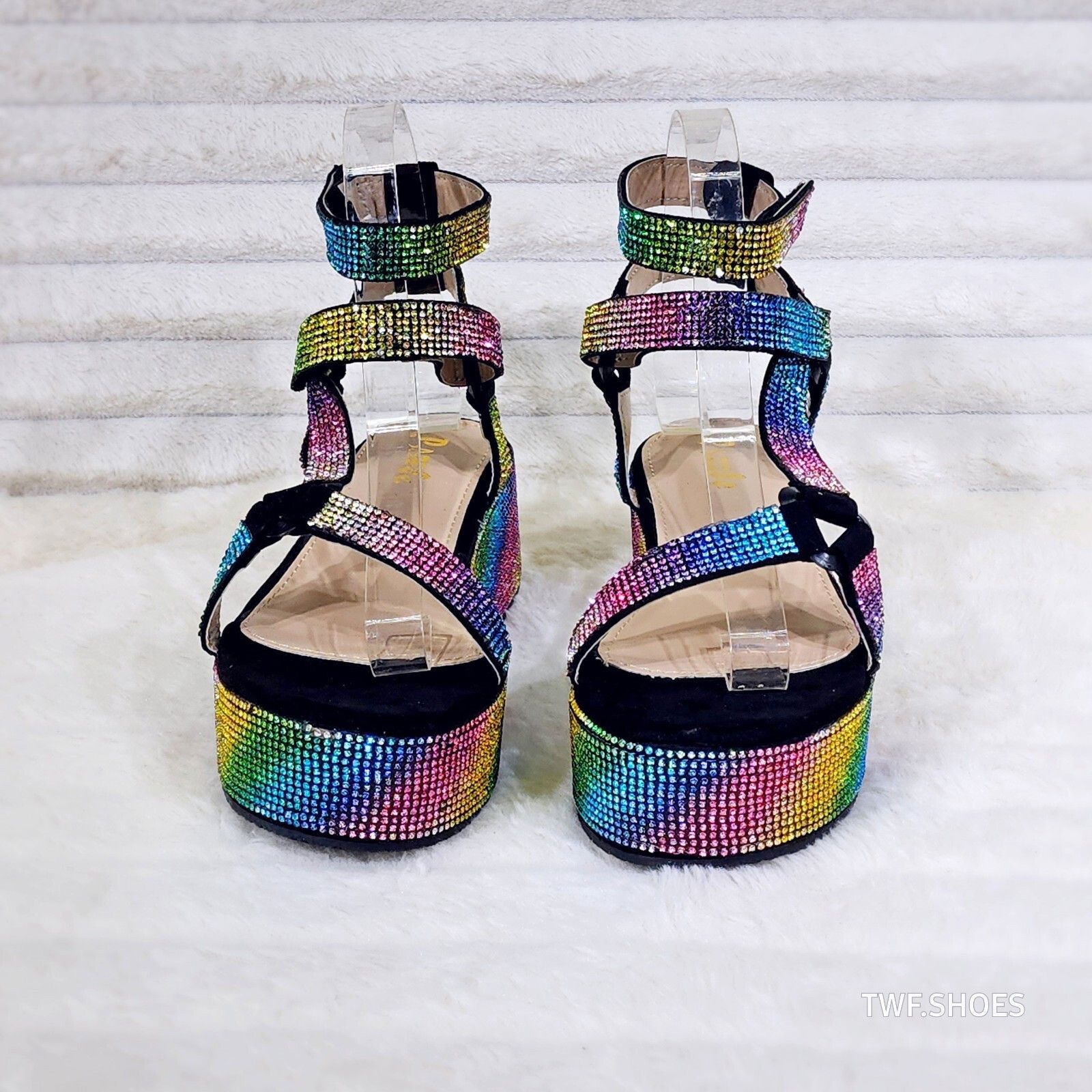 Other Pazzle Black 2" Platform Harness Strap Sparkling Rainbow Rhi Size US 8 / IT 38 - 4 Thumbnail