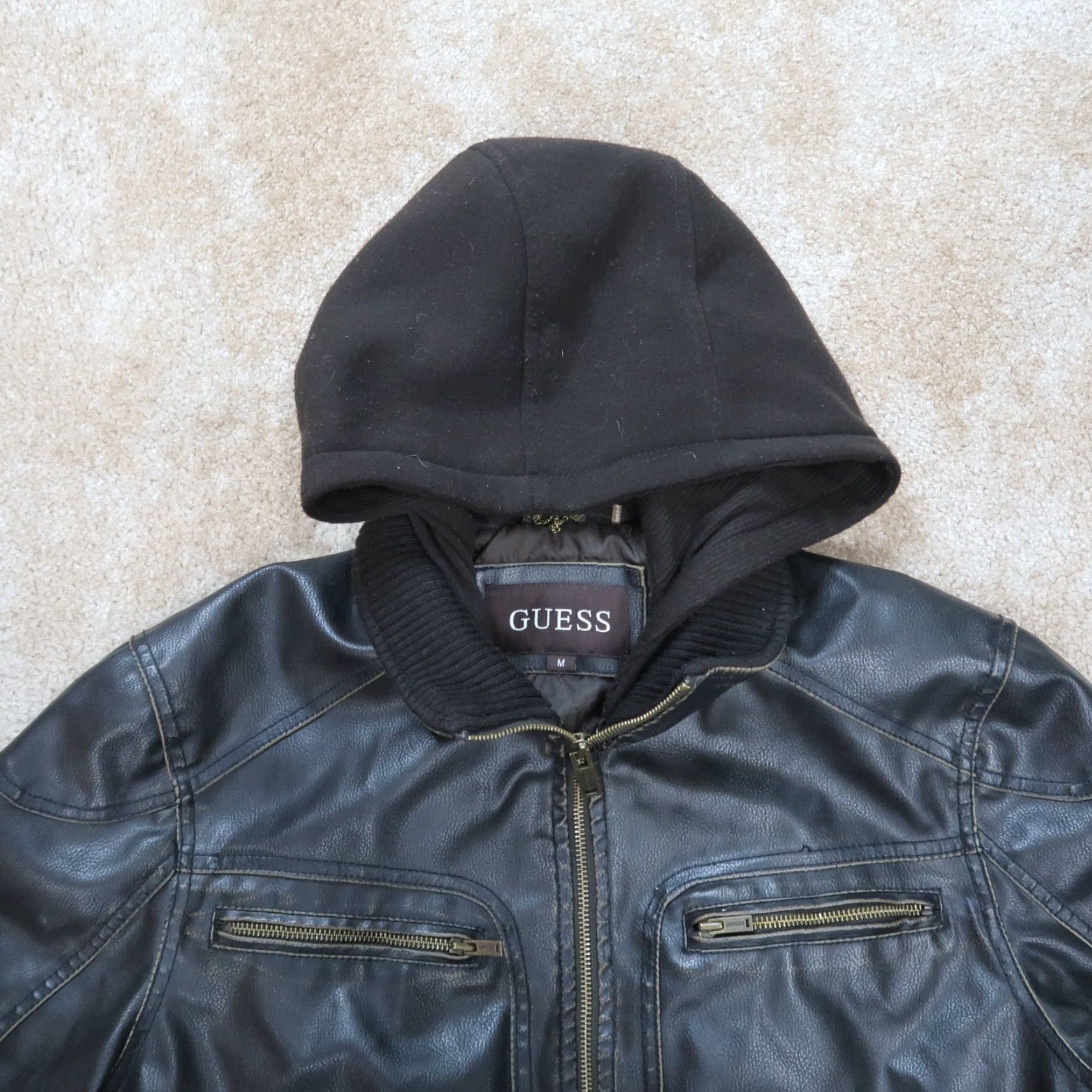 Guess VINTAGE GUESS Faux Leather Jacket Mens Medium Brown Full Zip Coat Hooded Bomber Jacket Size US 31 - 2 Thumbnail
