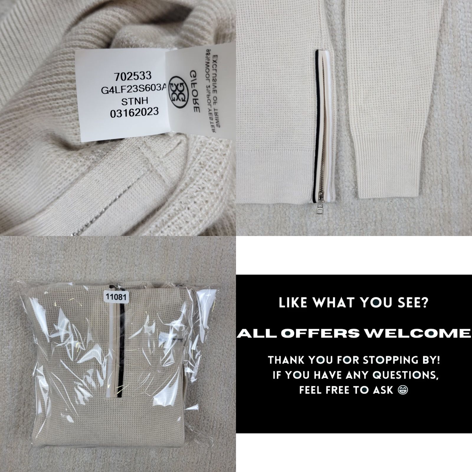 G/FORE G Fore Waffle Stitch Wool Pullover Hoodie Womens XS Beige Stone 1/4 Zip Sweater Size XS / US 0-2 / IT 36-38 - 8 Thumbnail