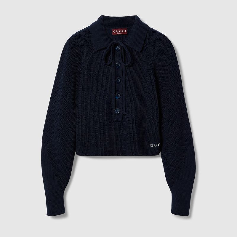 Gucci o1la5ras0526 Chunky Rib Cotton Polo Top in Dark Blue Size XL / US 12-14 / IT 48-50 - 1 Thumbnail