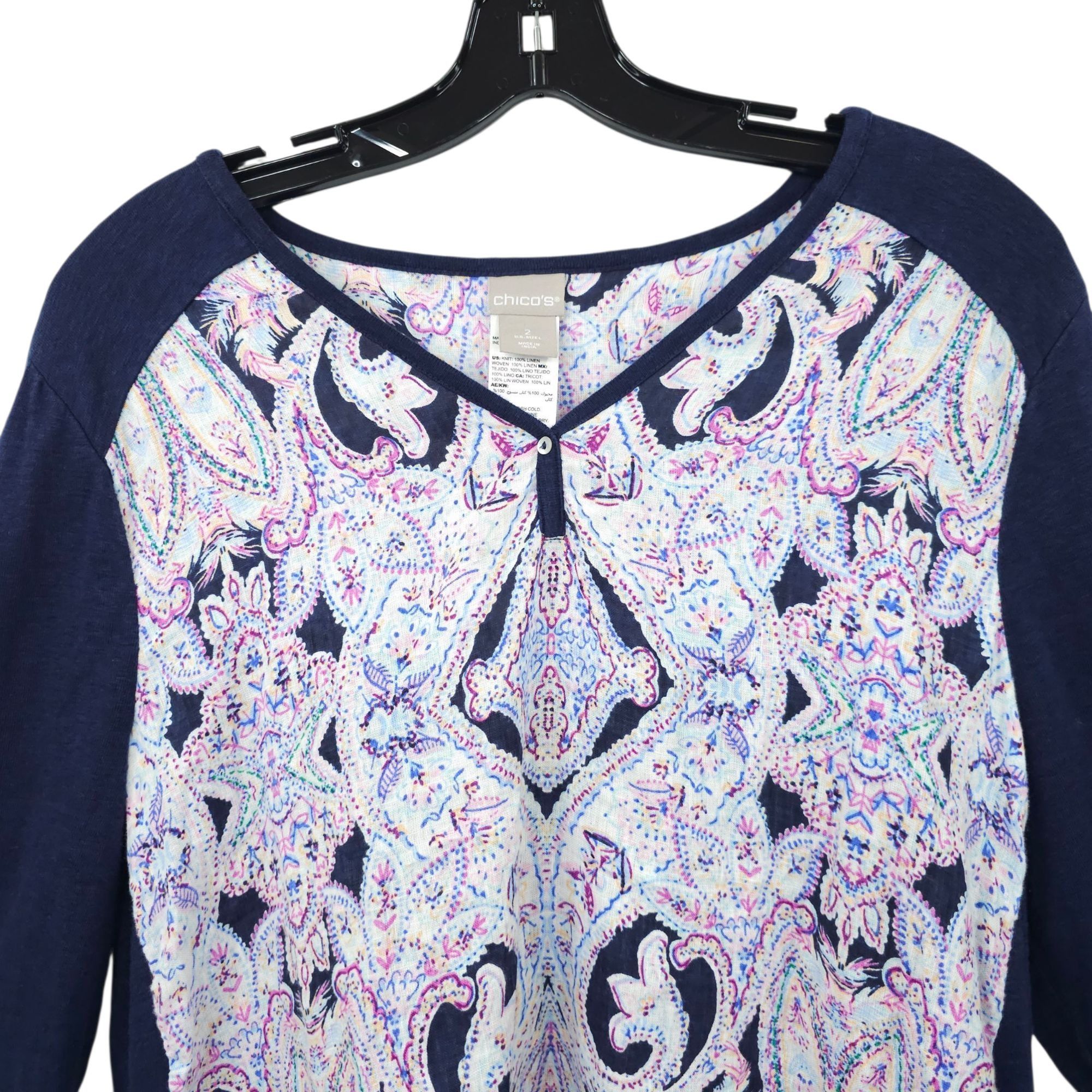 Chicos Chicos Pullover Top Womens 2 US L Paisley Linen 3/4 Sleeve Size L / US 10 / IT 46 - 8 Thumbnail