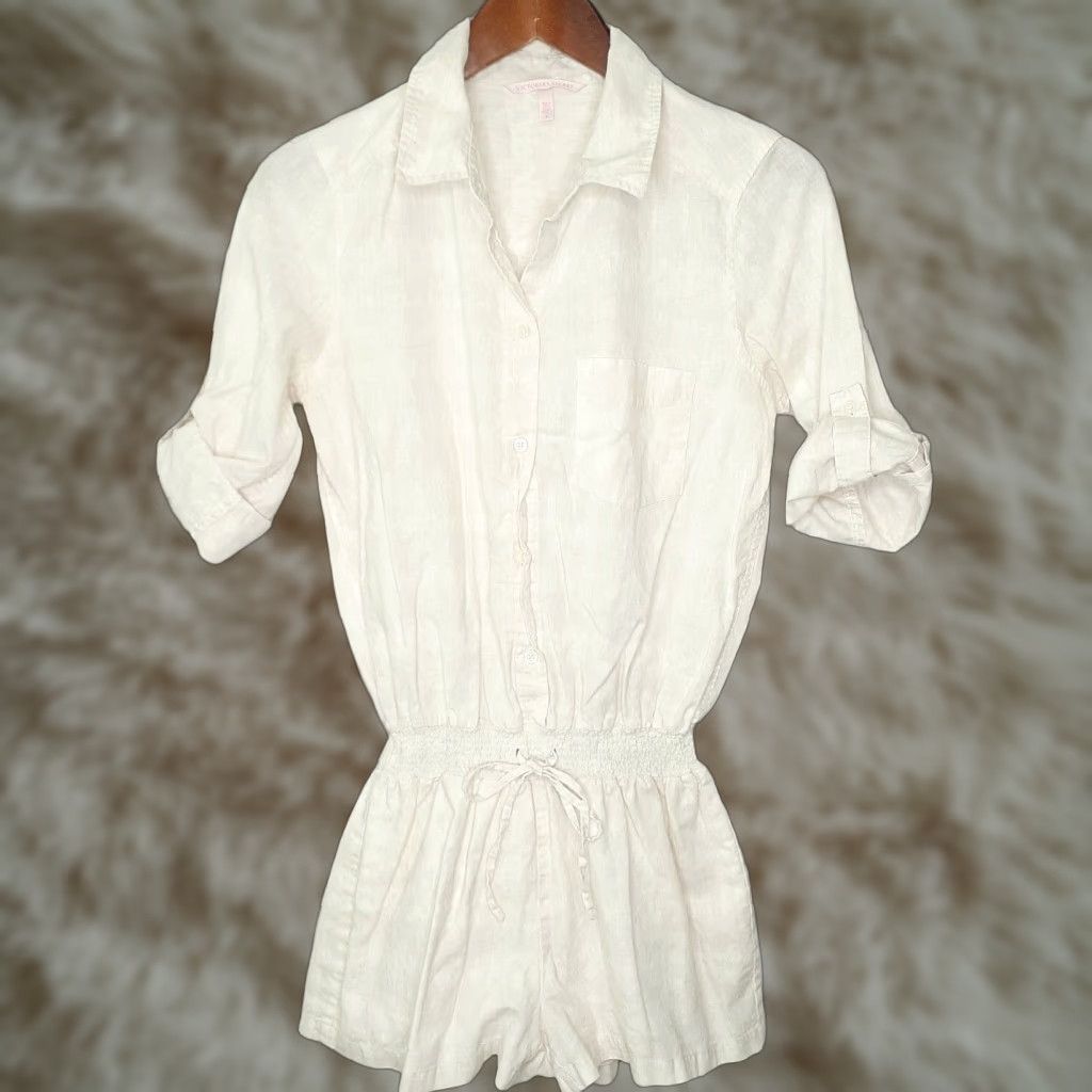 Victoria's Secret Victoria's Secret Romper XS White Collared Flax Blend Roll Tab Sleeve 2 in Inseam Womens Casual Short Overall Size 26" / US 2 / IT 38 - 1 Thumbnail