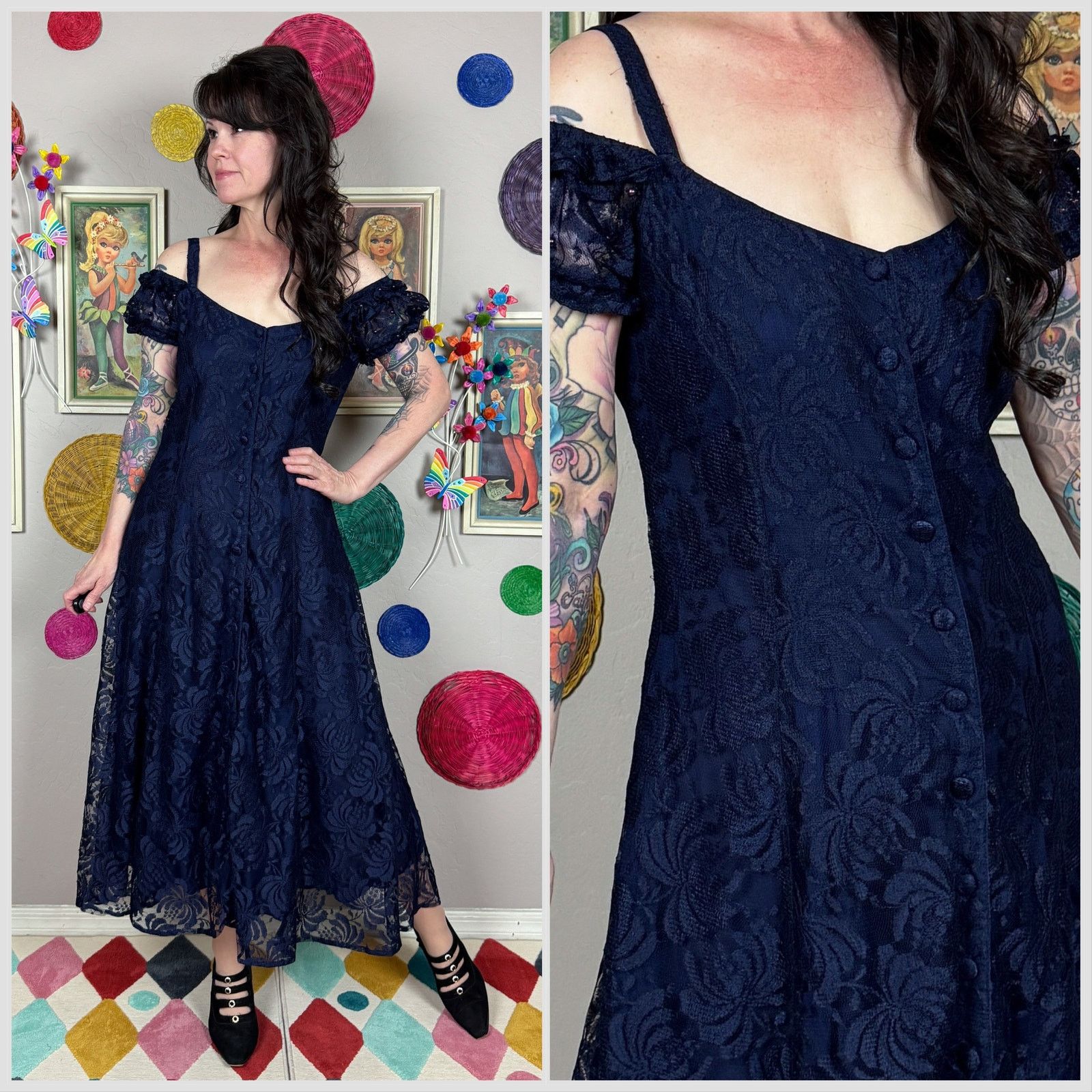 Vintage 1990s Midnight Blue Lace Off The Shoulder Button Front Dress Size M / US 6-8 / IT 42-44 - 1 Thumbnail