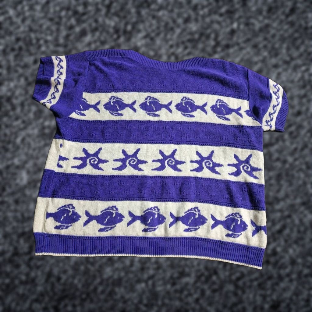Vintage VINTAGE Womens 3XL Purple White Fish Short Sleeve Acrylic Crewneck Sweater Shirt (Pullover) practical essential Size XXL / US 16-18 / IT 52-54 - 1 Thumbnail