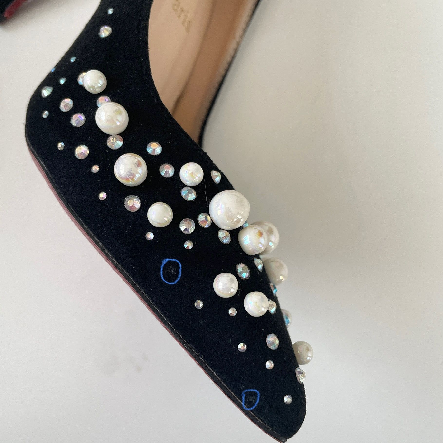 Christian Louboutin RARE 👠 Christian Louboutin Black Suede Embellished Pump Size US 5 / IT 35 - 11 Thumbnail