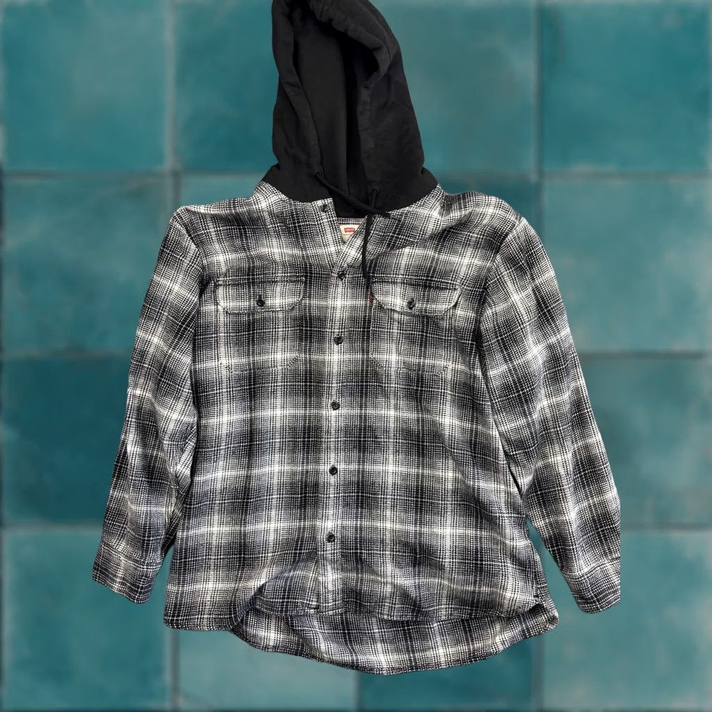 Levi's Levi's Shirt Mens XL Gray Plaid Hooded Flannel Relaxed Button-Front Jacket Shacket Pocketed Gathered Front Size US XL / EU 56 / 4 - 1 Thumbnail