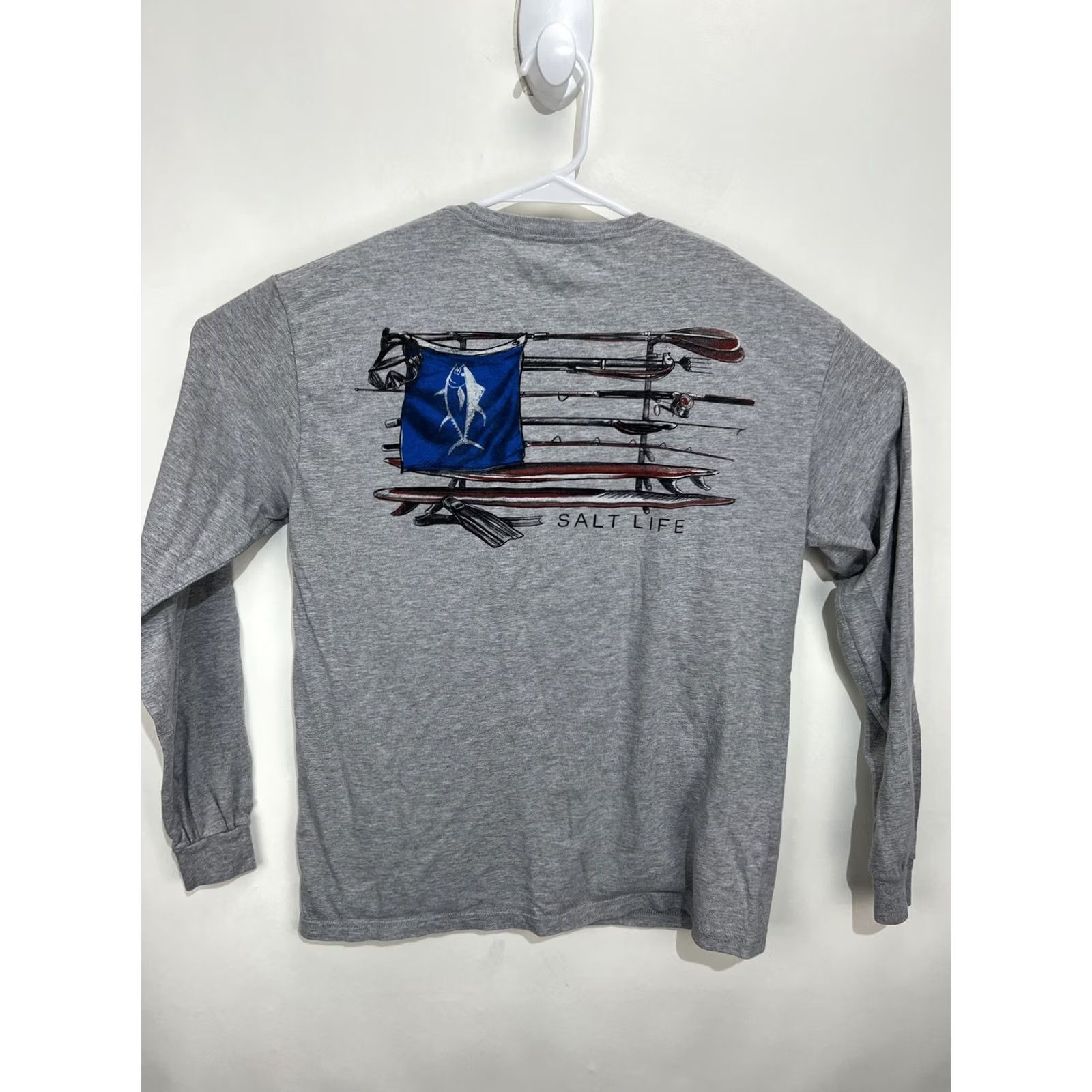 Vintage SALT LIFE Live Salty Long Sleeve Pocket T-Shirt Grey USA Flag Men's M Medium Size US M / EU 48-50 / 2 - 7 Thumbnail
