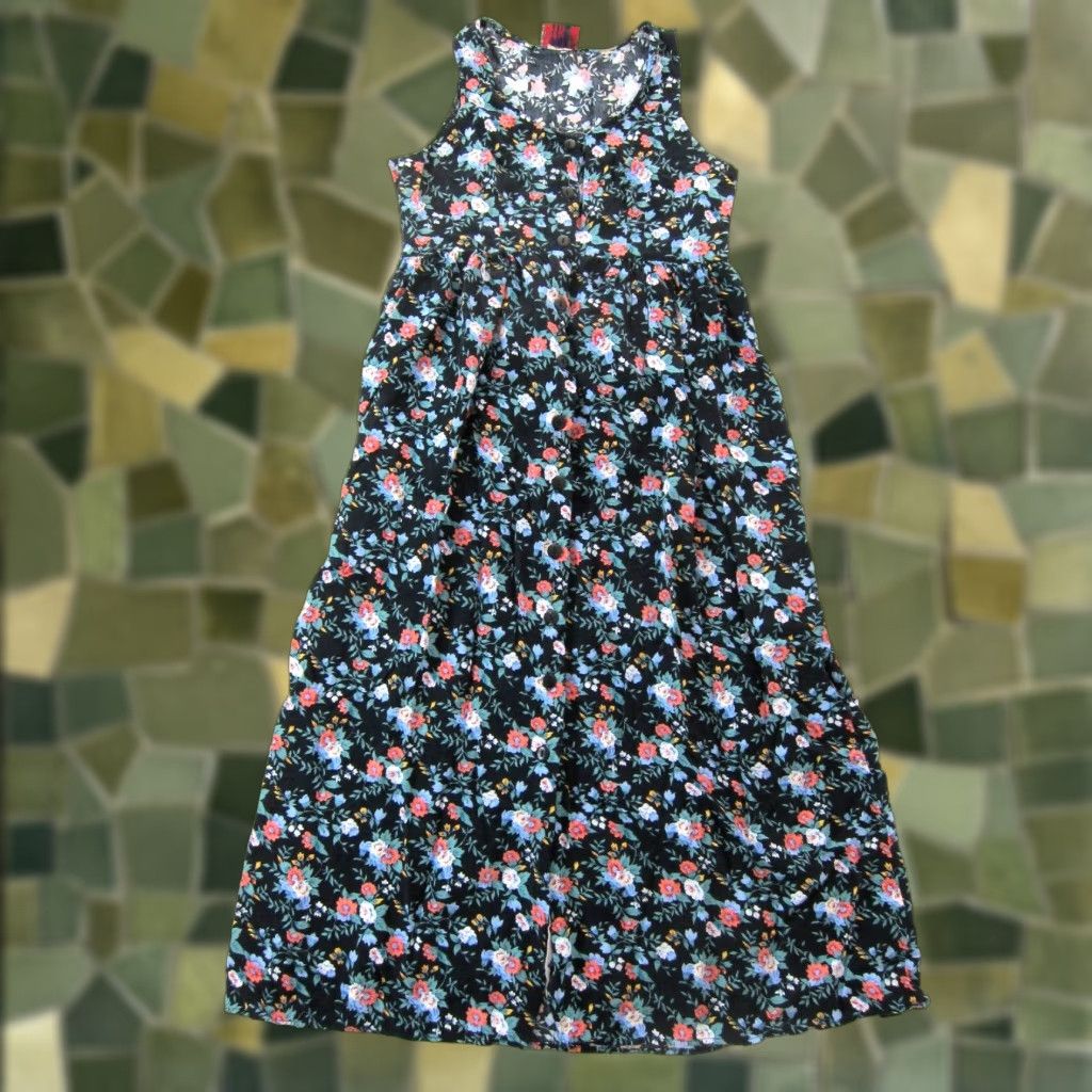 Pinko Sostanza Rayon Stretch Black Pink Green Floral Button Down Maxi Tank Sun Dress S Size S / US 4 / IT 40 - 1 Thumbnail