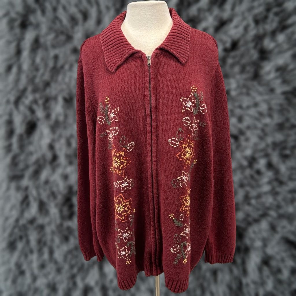 Cherokee VINTAGE Cherokee Cardigan Sweater Ladies 2X Plus Full Zip Floral Embroidered 90s Red Cotton Blend Women’s Size XXL / US 16-18 / IT 52-54 - 1 Thumbnail