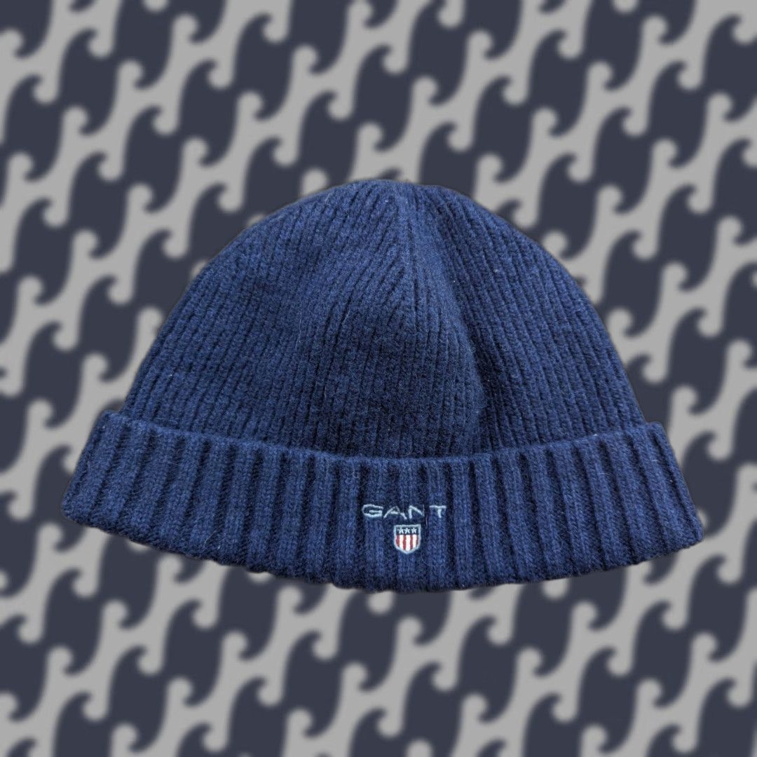 Gant GANT Blue Beanie Hat Wool Cuffed Knitted Insulated Size M Navy Ribbon Unisex Adults Beanie Size ONE SIZE - 1 Thumbnail