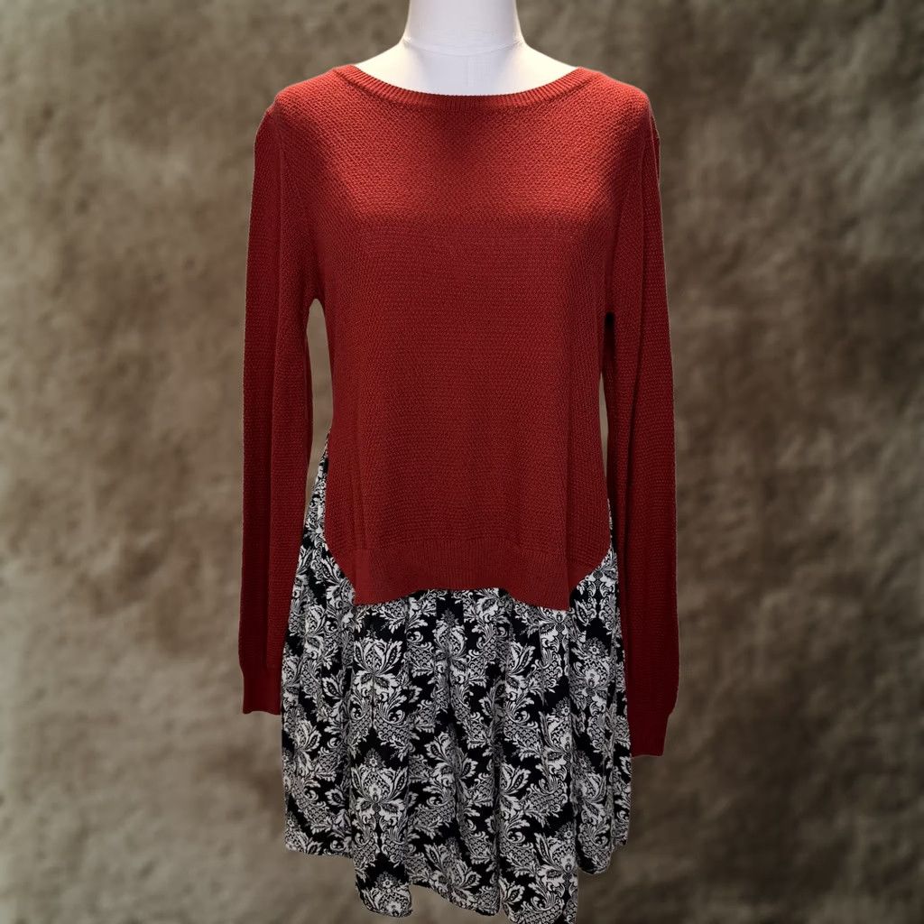 Vintage THML Sweater Dress Womens Large Red Black Floral Knit Long Sleeve Mixed Media Size L / US 10 / IT 46 - 1 Thumbnail