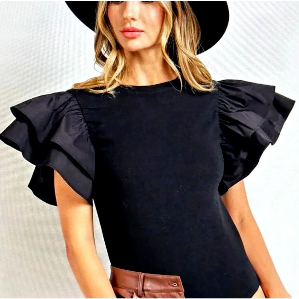 Zara Zara Puff Sleeve Ribbed Bodysuit - Black - size S Size S / US 4 / IT 40 - 3 Thumbnail