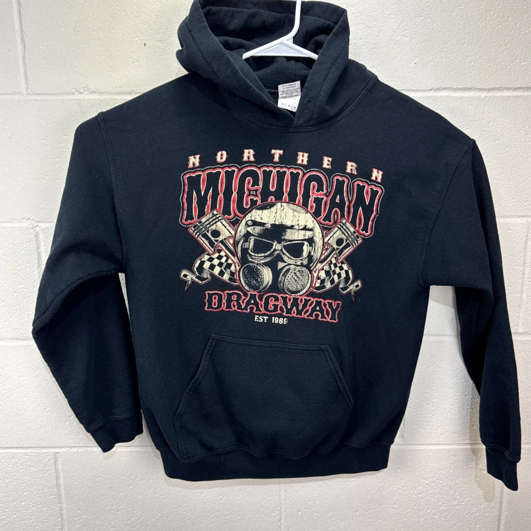 Gildan Vintage NORTHERN MICHIGAN DRAGWAY HOODIE NMDRAGWAY Gas Mask Checkered Flag M Size US M / EU 48-50 / 2 - 2 Thumbnail