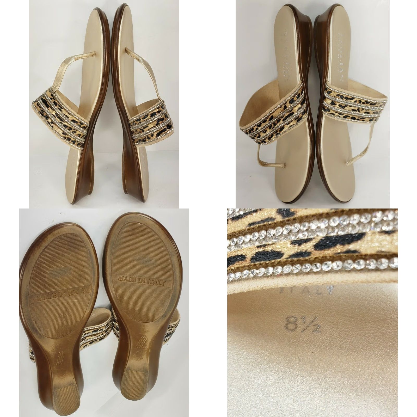 Vintage Italian Shoemakers Sandal Women's 8.5 Gold Toe Post Sandal Crossover Rhinestone Jaguar Pattern White Gold? Size US 9 / IT 39 - 8 Thumbnail