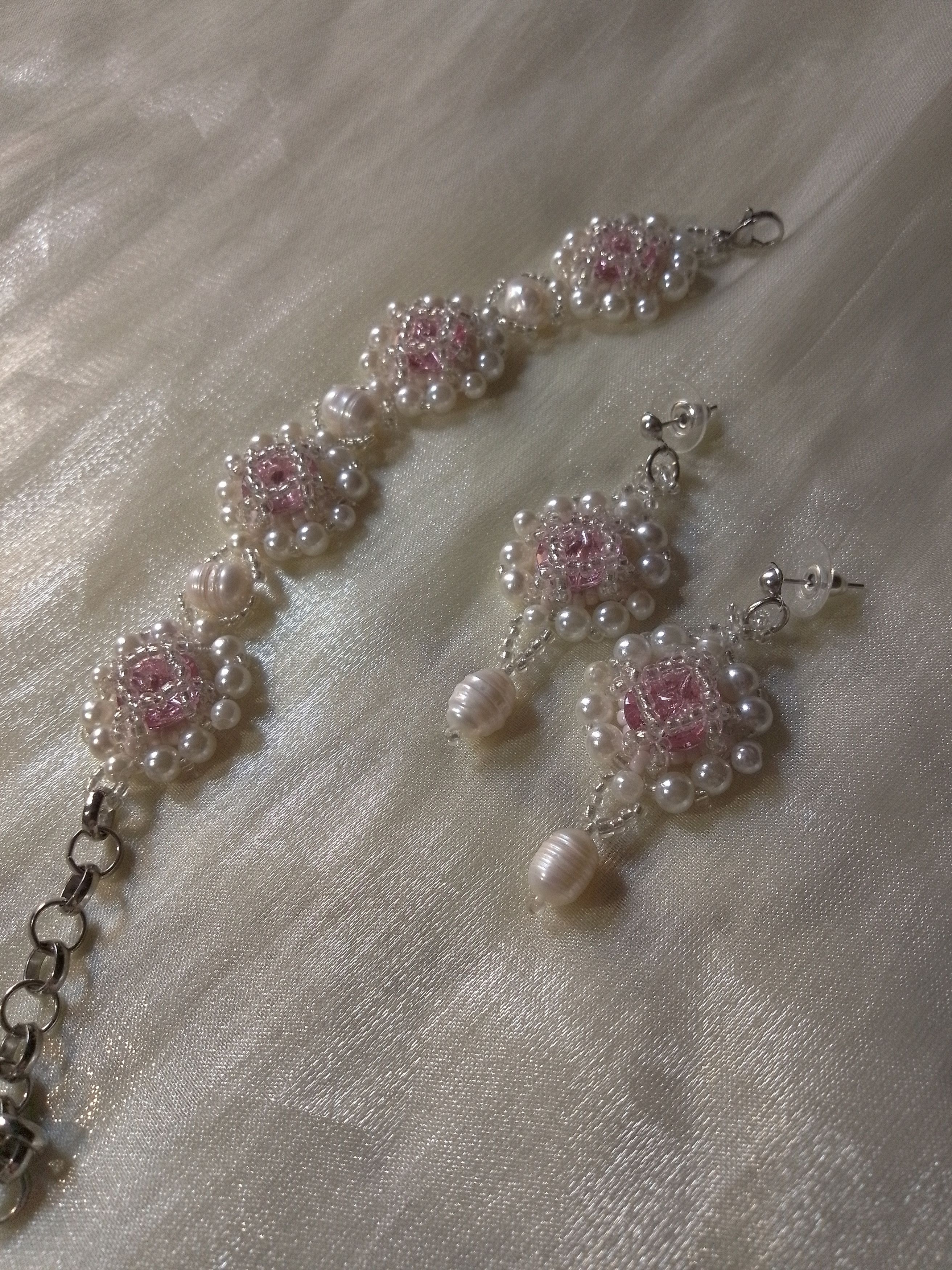 Handmade Jewelery Set Bracelet earrings pink zircons natural pearls Size ONE SIZE - 6 Thumbnail