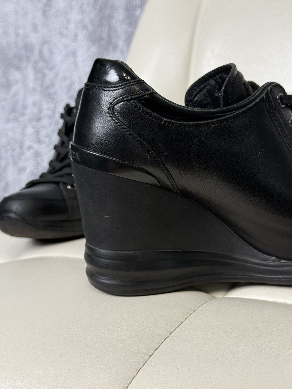 Prada PRADA Wedge Sneakers Black Leather Womens Platform Shoes Size US 6.5 / IT 36.5 - 8 Thumbnail