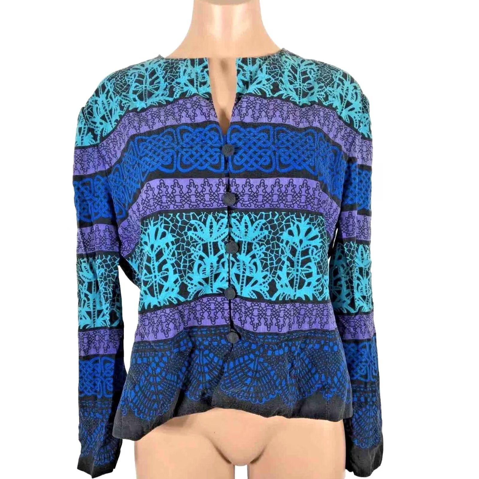 Adrianna Papell VINTAGE Adrianna Papell Talbots Silk Blazer 14 Blue Geometric Short Jacket Women Mens None? Size 36" / US 14 / IT 50 - 2 Thumbnail