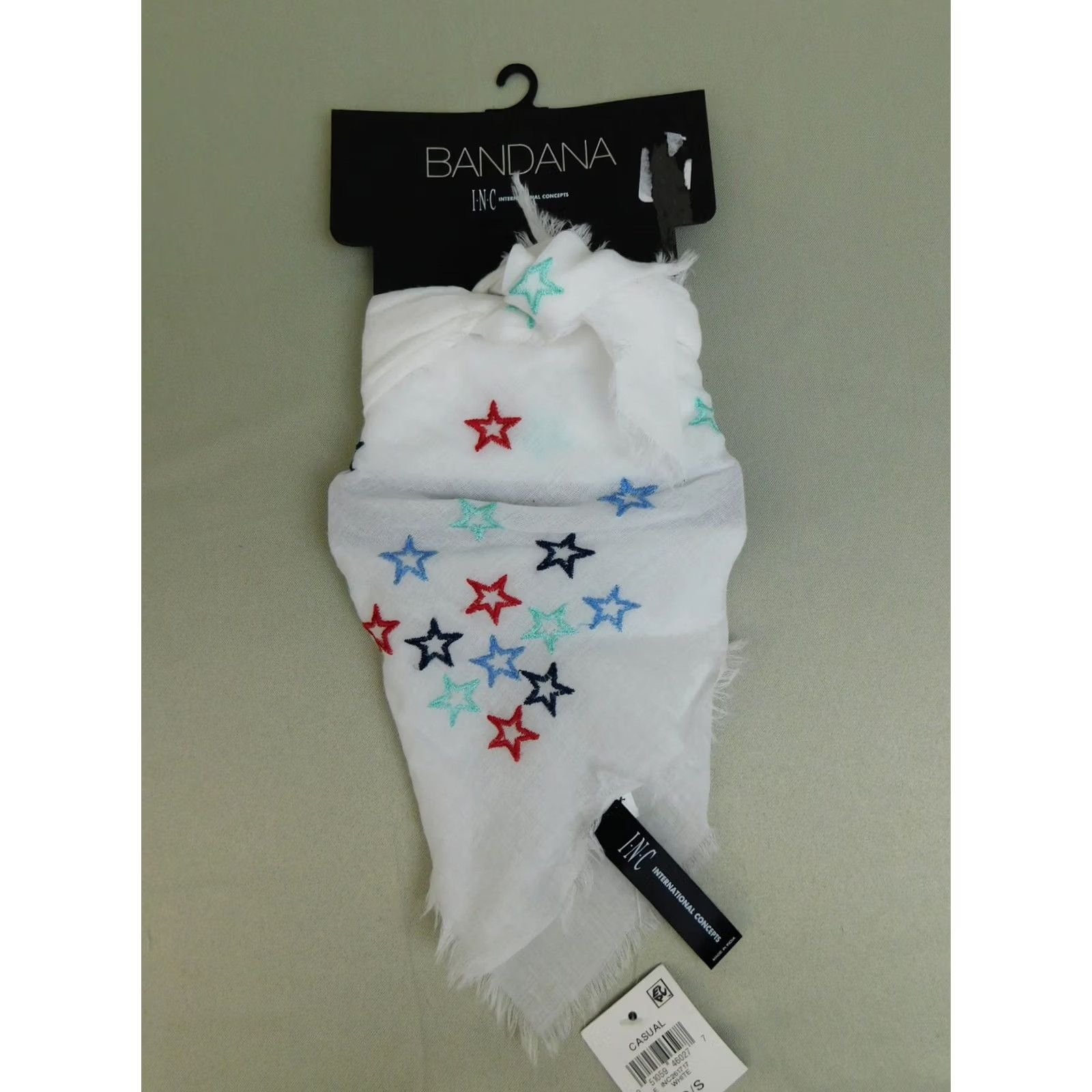 Vintage INC International Concepts Bandana Womens White Patriotic Star Embroidered Fringe Size ONE SIZE - 2 Thumbnail