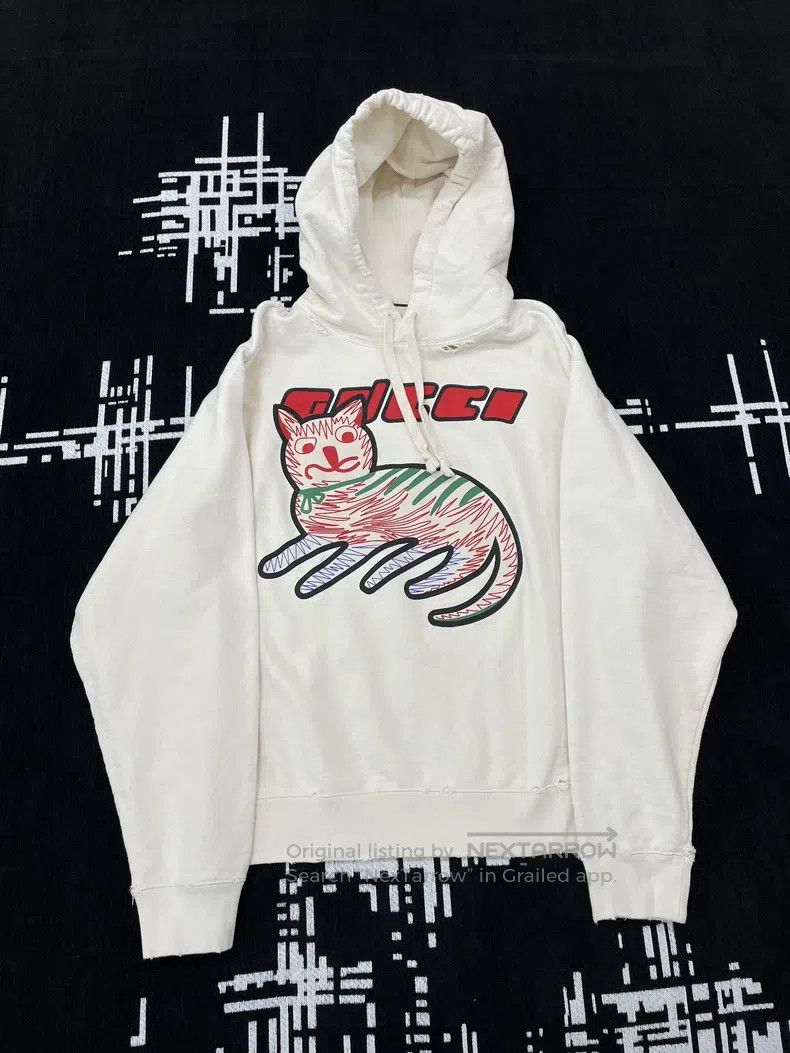 Gucci Gucci White line cat letter logo hooded sweatshirt Size S / US 4 / IT 40 - 1 Thumbnail