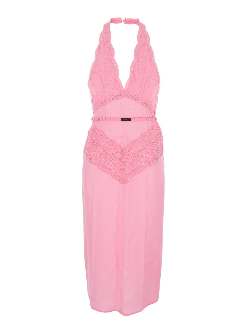 Pink Dress with Deep V-Neck and Removable Ruffle Belt in Silk Satin Woman