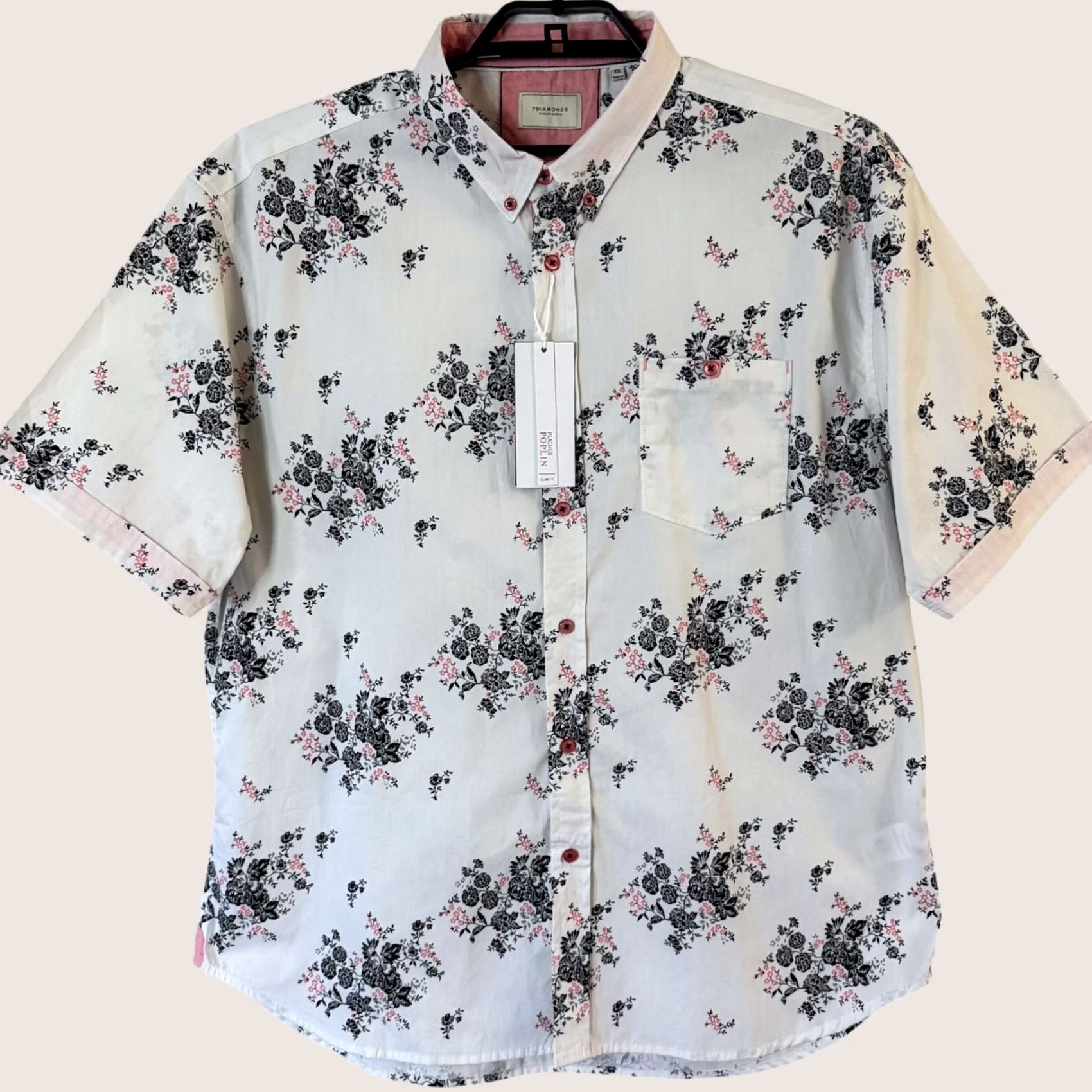 Vintage 7 Diamonds Floral Button-Down Dress Shirt White 2XL Men's Button-Up Cotton Casual Business Holiday Party/Cocktail Pockets New Size 48R - 1 Thumbnail