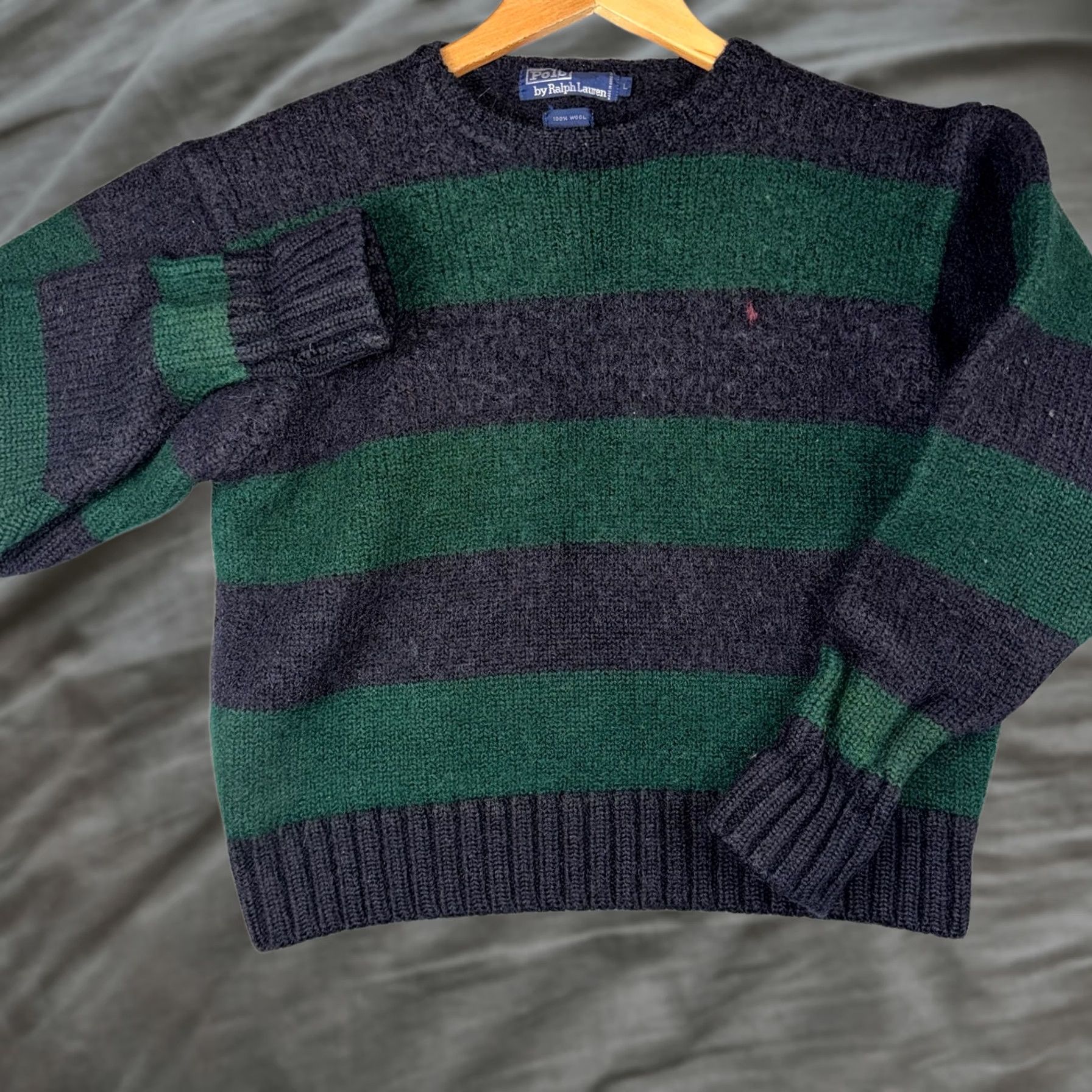 Polo Ralph Lauren VINTAGE Polo Ralph Lauren Striped Wool Crewneck Sweater Green Navy Size L Size US L / EU 52-54 / 3 - 1 Thumbnail