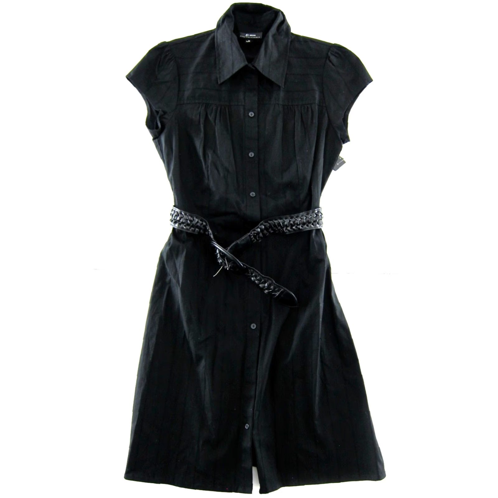Vintage NWT B. Wear Stretch Black Collared Cap Sleeve Button Down Belted Dress Medium Shirt Dress Womens Size M / US 6-8 / IT 42-44 - 2 Thumbnail