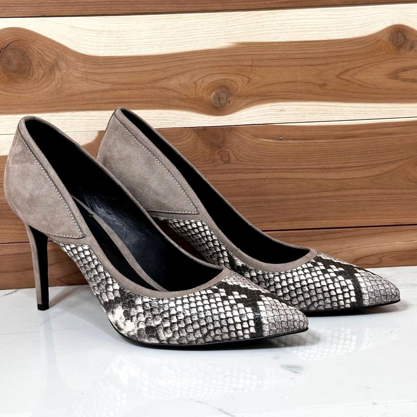 Aldo ALDO Snakeskin Print Stiletto Heels Taupe Suede Pointed Toe Pumps Womens 7 US Size US 6 / IT 36 - 3 Thumbnail
