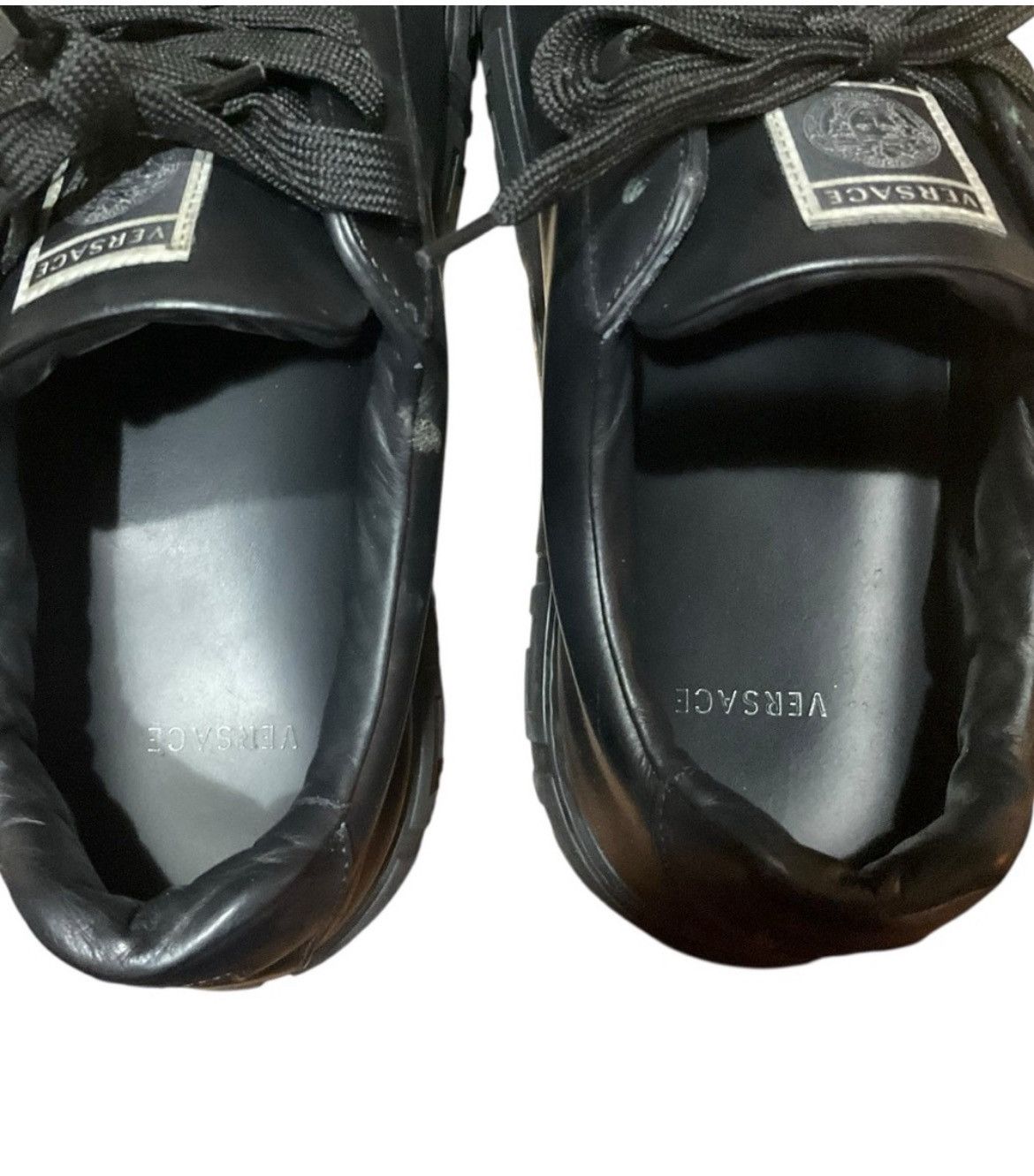 Versace 🔥 VERSACE Black Leather Logo Sneakers Men’s Size 45 12 Box Size US 12 / EU 45 - 6 Thumbnail