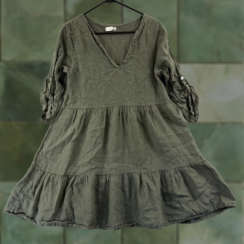 Vintage Bellambra Dress Women Medium Green Linen Trapeze Midi Boho Italy Violet 3/4 Sleeve Roll Tab Sleeve V-Neck Casual Travel Pattern Solid Lightweight Size M / US 6-8 / IT 42-44 - 1 Thumbnail