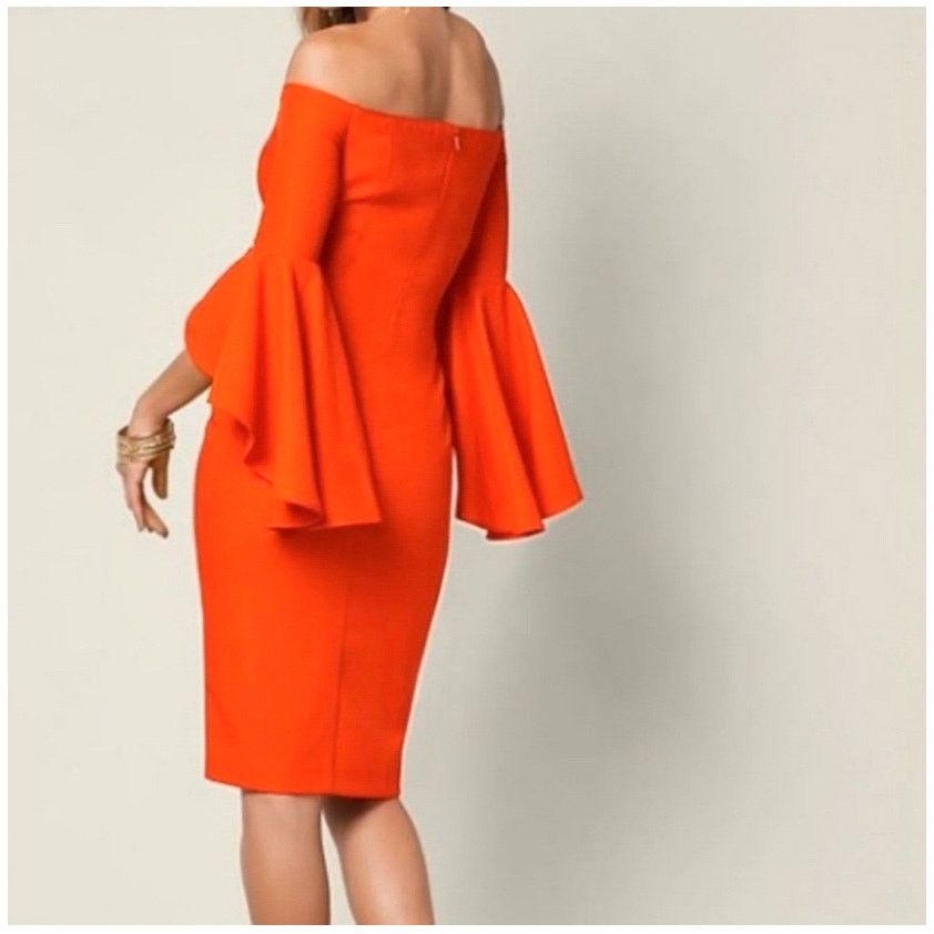 Venus Venus Orange Off Shoulder Cascading Bell Sleeve Sheath Dress Size XL / US 12-14 / IT 48-50 - 2 Thumbnail