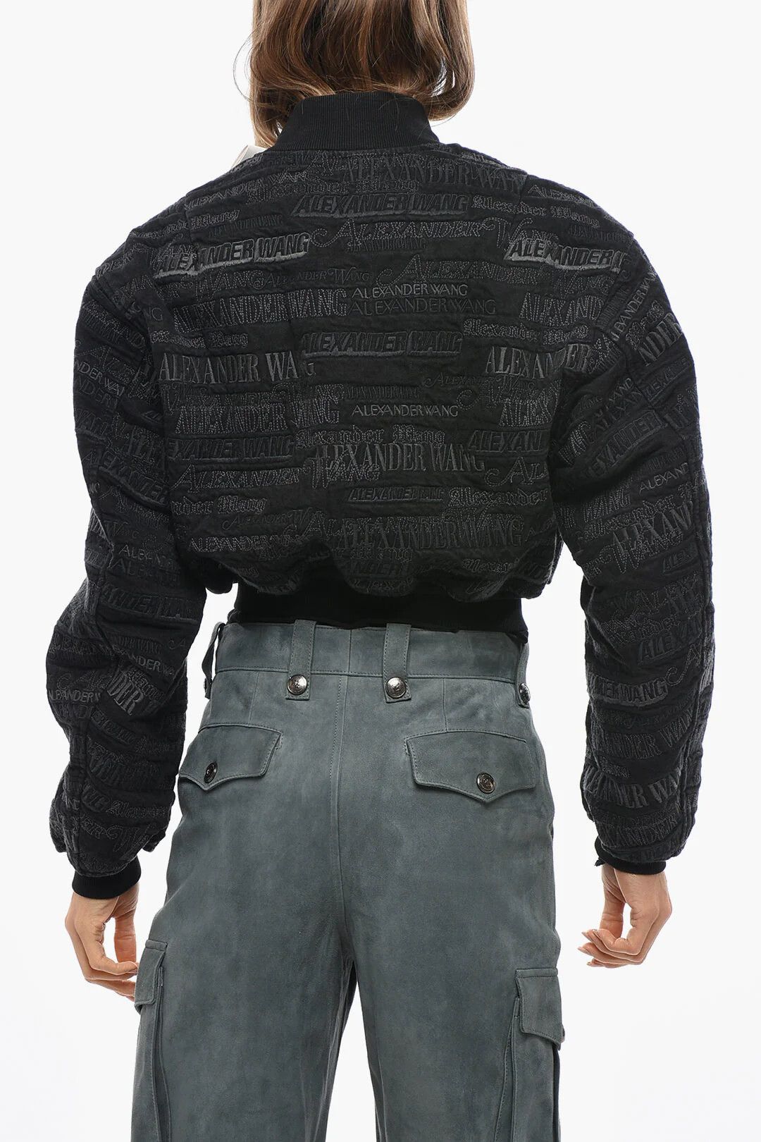 Alexander Wang og1mm0426 Embroidered Denim Cropped-Fit Bomber Jacket Black Size XS / US 0-2 / IT 36-38 - 3 Thumbnail