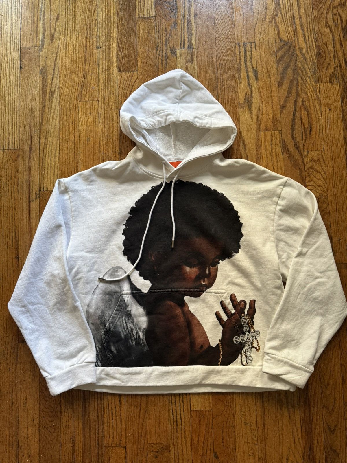 image of Who Decides War Sacred Being Hooded Pullover in White, Men's (Size Medium)