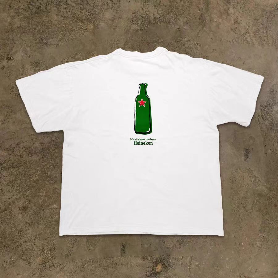 Vintage White casual retro loose wine bottle print t-shirt Size US M / EU 48-50 / 2 - 1 Thumbnail