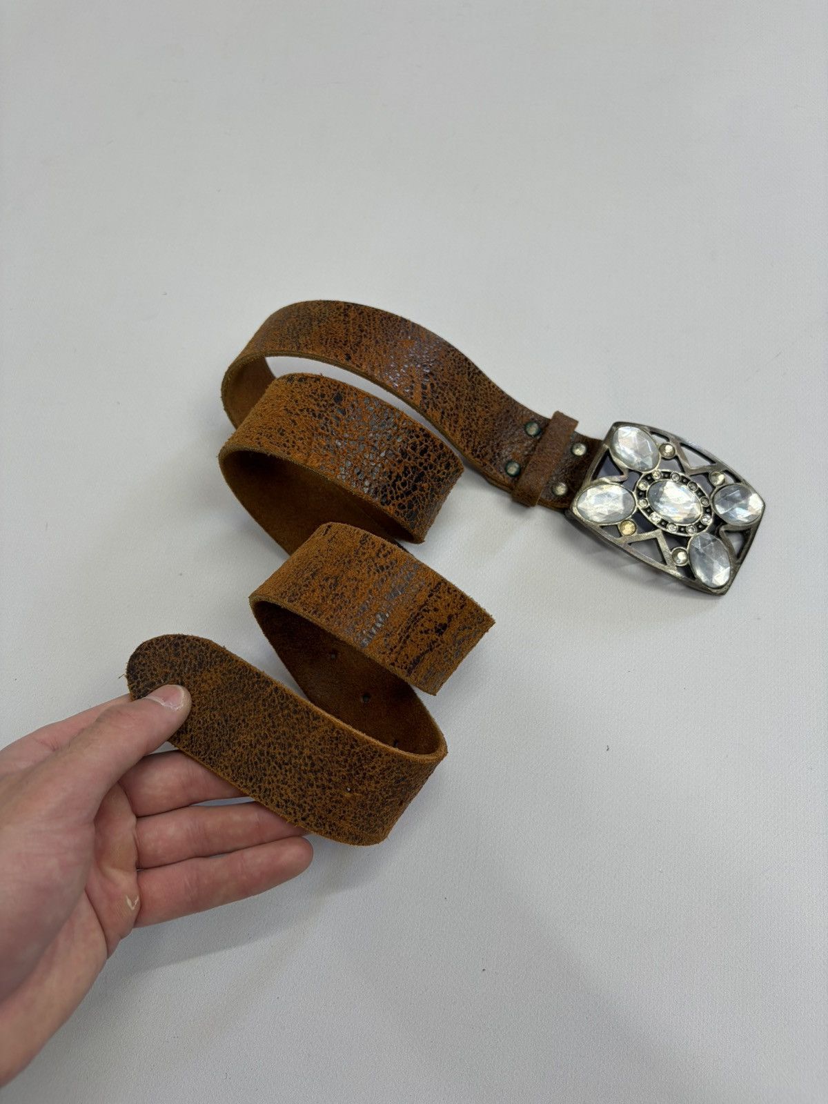 Hysteric Glamour Vintage Distressed Leather Crystal Belt Y2K Rockstar Grunge Size 32 - 12 Thumbnail