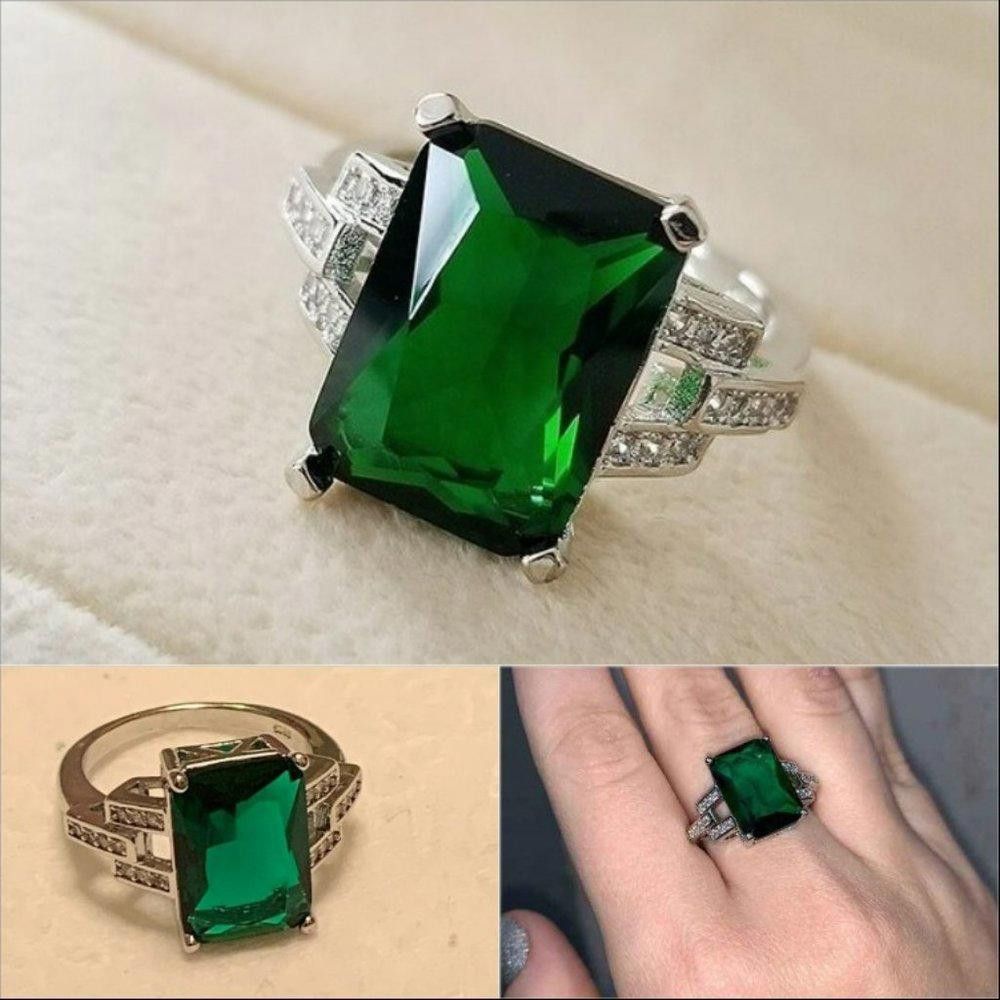 Designer Sterling Silver Big Emerald Green Rectangle Ring - Size 7 Size ONE SIZE - 7 Thumbnail