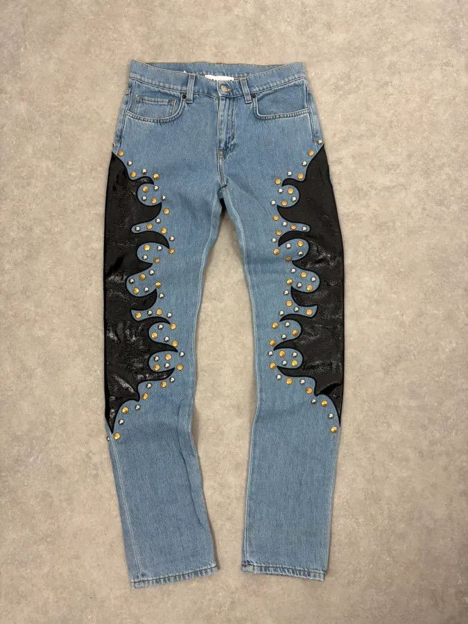 Moschino 1990s Moschino Blue Denim & Black Leather Jeans Size US 39 - 1 Thumbnail