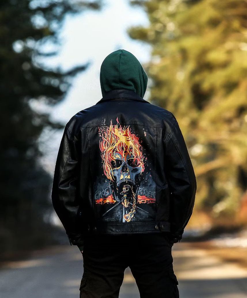 Arizona Jean Co. Leather Jacket Black Original hand painted Ghost Rider Size US L / EU 52-54 / 3 - 2 Thumbnail