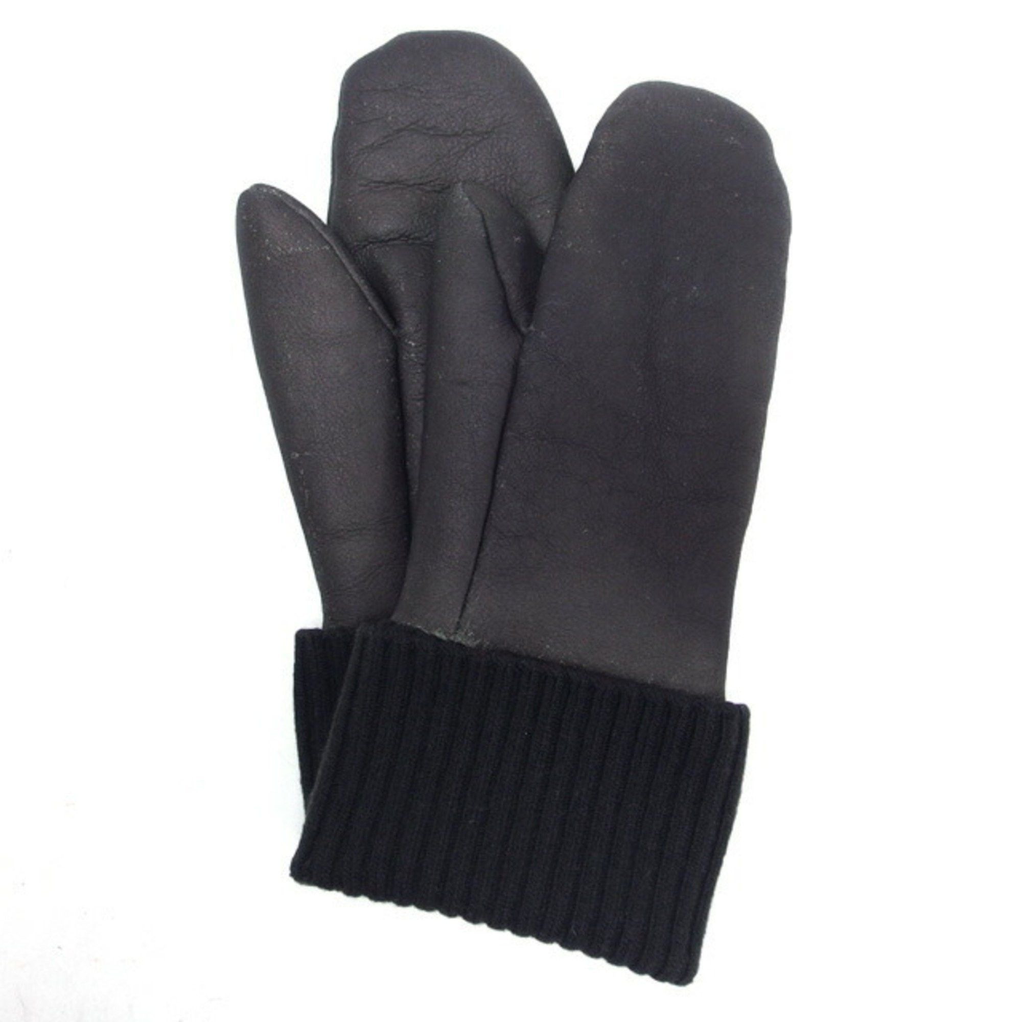image of Hermes Lambskin Mitten Gloves Long Black M Size, Women's
