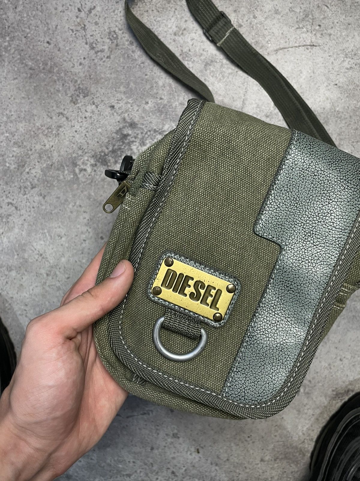 Vintage Diesel Shoulder Bag Khaki Big Logo Leather Y2K