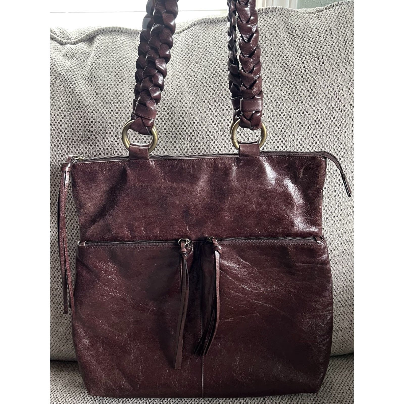 Vintage Hobo International Textured Leather Fringe Zip Braided Straps Handbag Purse Size ONE SIZE - 2 Thumbnail