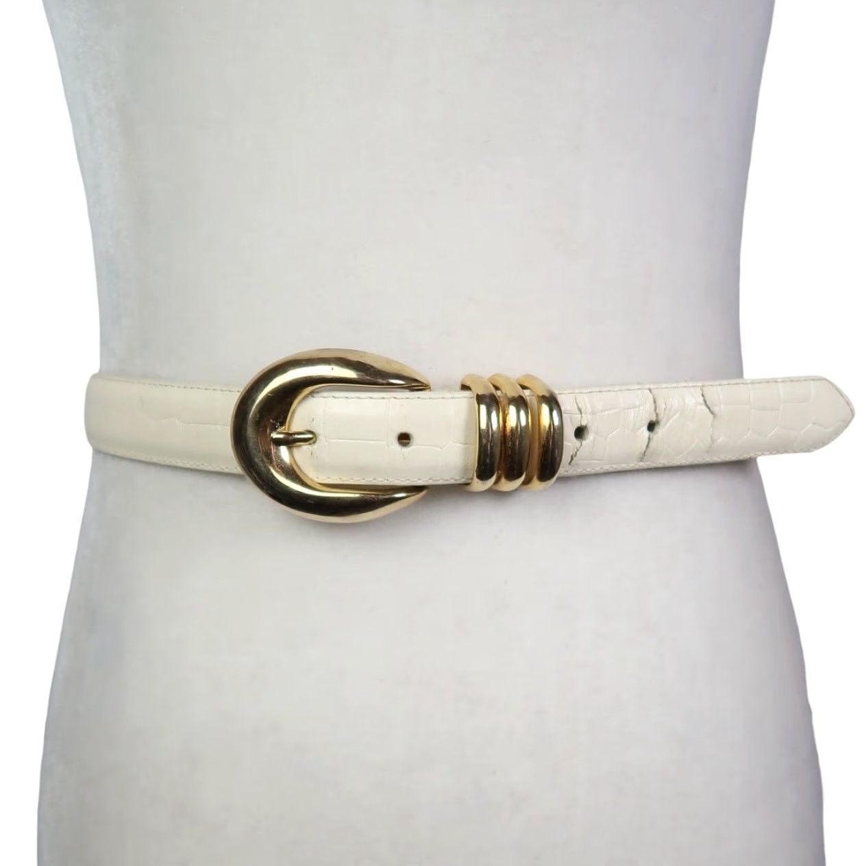 Vintage VINTAGE 90s Cream Leather Croc Embossed Gold Buckle Waist Belt M Size ONE SIZE - 2 Thumbnail