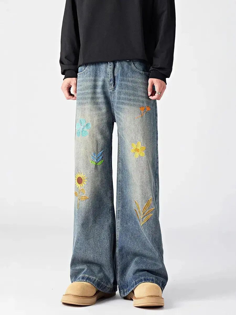 Japanese Brand Retro loose wide leg embroidered jeans Size US 32 / EU 48 - 1 Thumbnail