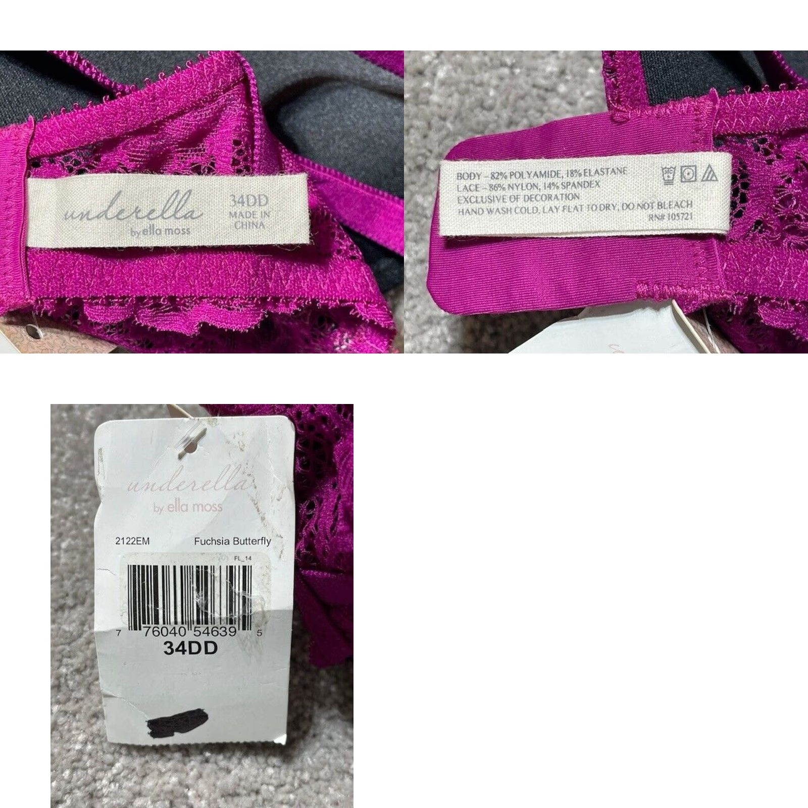 Vintage Underella by Ella Moss Bra Balconette Underwire 34DD Lace Y2K Romantic Floral Purple Womens Girls Size ONE SIZE - 8 Thumbnail