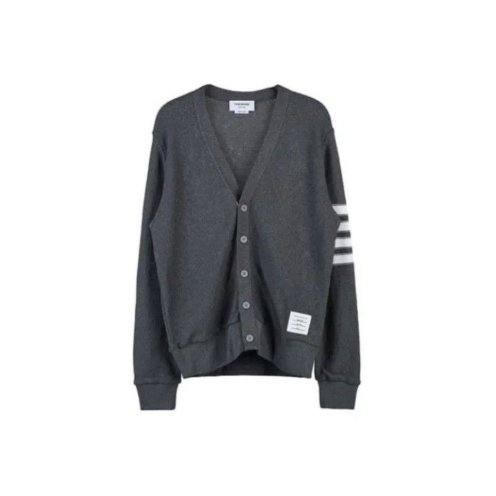 Thom Browne Thom Browne Gray Striped V-Neck Cardigan Sweater Size US S / EU 44-46 / 1 - 1 Thumbnail