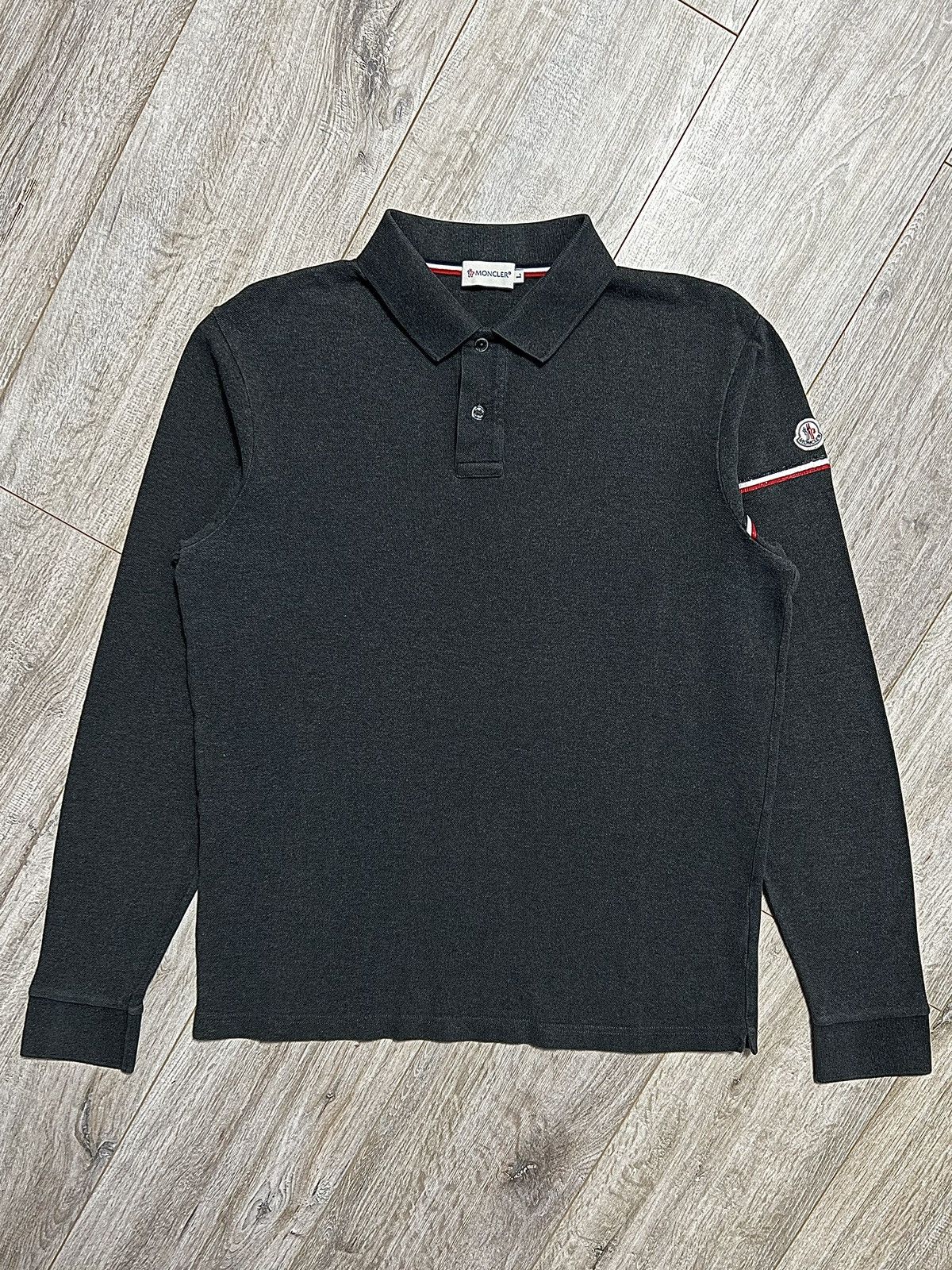 image of Moncler Polo Shirt Long Sleeve Cotton Logo Patch Rwb Stripe in Dark Gray, Men's (Size Large)