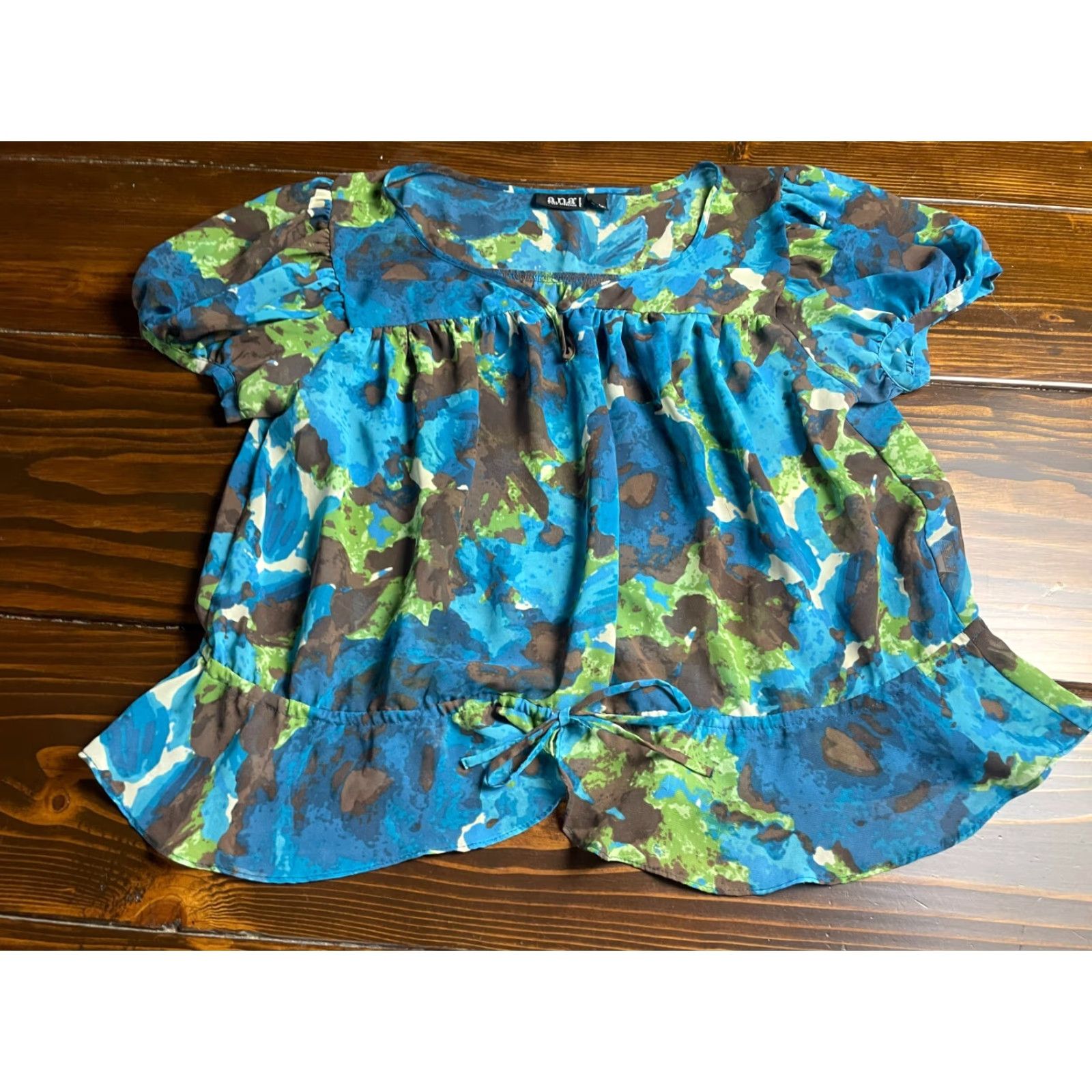 Vintage A.N.A Shirt Women Petite Large Blue Green Brown Semi Sheer Ruffle T-Shirt Boat Neck Short Sleeve Casual Fall Spring Summer Modern Womens Size L / US 10 / IT 46 - 2 Thumbnail